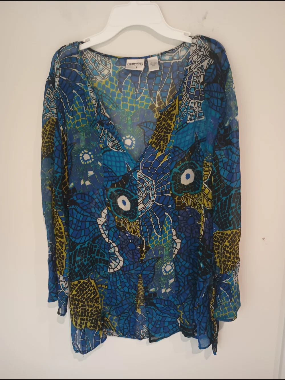 Chico's Blue Multi Sheer Floral V-Neck Blouse - Picture 1 of 7